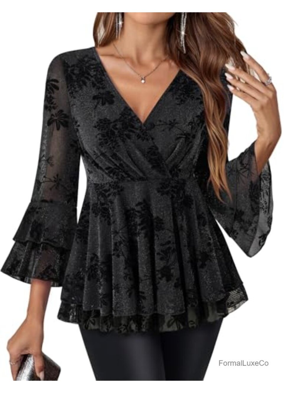 Women's Dressy Ruffle 3/4 Sleeve Peplum Sparkly Mesh Blouse